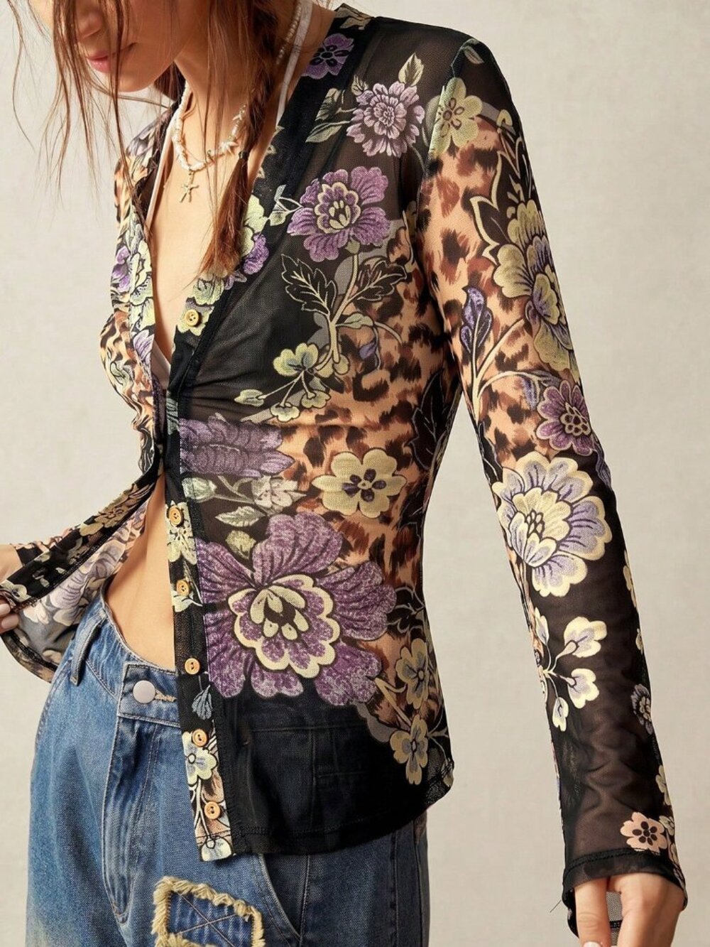 Black Casual Women's Boho Vacation Knit Mesh Printed Top - Picture 6 of 8